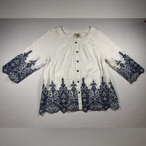White Button-Front Peasant Blouse with Navy Embroidery boho summer